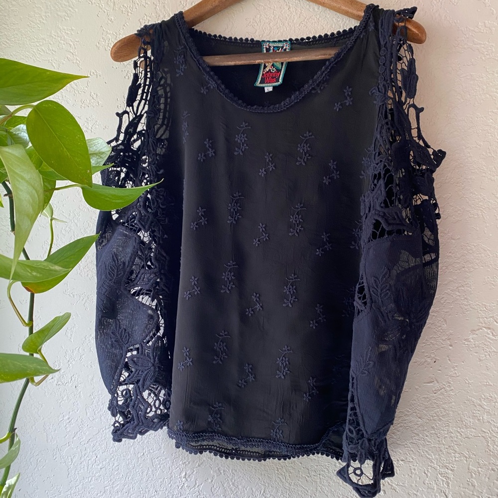 Johnny Was Black Embroidered Tank Top L